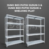 RAK GUDANG BESI SIKU SUSUN SERBAGUNA TIPE JUNO B03 PUTIH PLAT SHELVING | SUSUN 4 & 5, UKURAN 120x45x180 CM, NON BAUT (BOLTLESS RACK) | PILIHAN WARNA LAIN: Putih, Hitam, Biru, Merah & Kuning