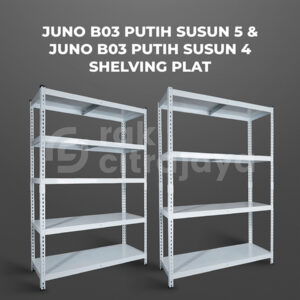 RAK GUDANG BESI SIKU SUSUN SERBAGUNA TIPE JUNO B03 PUTIH PLAT SHELVING | SUSUN 4 & 5, UKURAN 120x45x180 CM, NON BAUT (BOLTLESS RACK) | PILIHAN WARNA LAIN: Putih, Hitam, Biru, Merah & Kuning