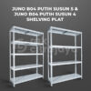RAK GUDANG BESI SIKU SUSUN SERBAGUNA TIPE JUNO B04 PUTIH PLAT SHELVING, SUSUN 4 & 5, UKURAN 120x40x180 CM, NON BAUT (BOLTLESS RACK) | PILIHAN WARNA LAIN: Putih, Hitam, Biru, Merah & Kuning