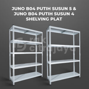 RAK GUDANG BESI SIKU SUSUN SERBAGUNA TIPE JUNO B04 PUTIH PLAT SHELVING, SUSUN 4 & 5, UKURAN 120x40x180 CM, NON BAUT (BOLTLESS RACK) | PILIHAN WARNA LAIN: Putih, Hitam, Biru, Merah & Kuning