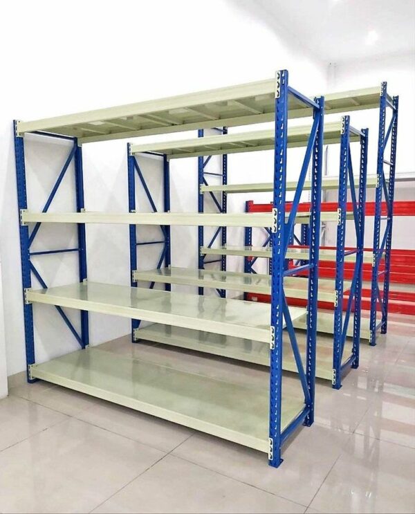 RAK BESI GUDANG MEDIUM DUTY SUSUN SERBAGUNA TIPE RR-500, 4 LEVEL, KAPASITAS (KEKUATAN) LOAD MAX 500KG/LEVEL SHELVING ATAU 2 TON PER UNIT | UKURAN PxL (200x60 CM) x Tinggi (200,250,300 CM) | RAJA RAK GUDANG | KIRIM KE SELURUH INDONESIA