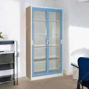 LEMARI ARSIP BESI KANTOR 2 PINTU KACA SLIDING BIRU KRISBOW | RAJARAKGUDANG.ID
