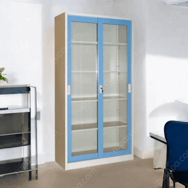 LEMARI ARSIP BESI KANTOR 2 PINTU KACA SLIDING BIRU KRISBOW | RAJARAKGUDANG.ID