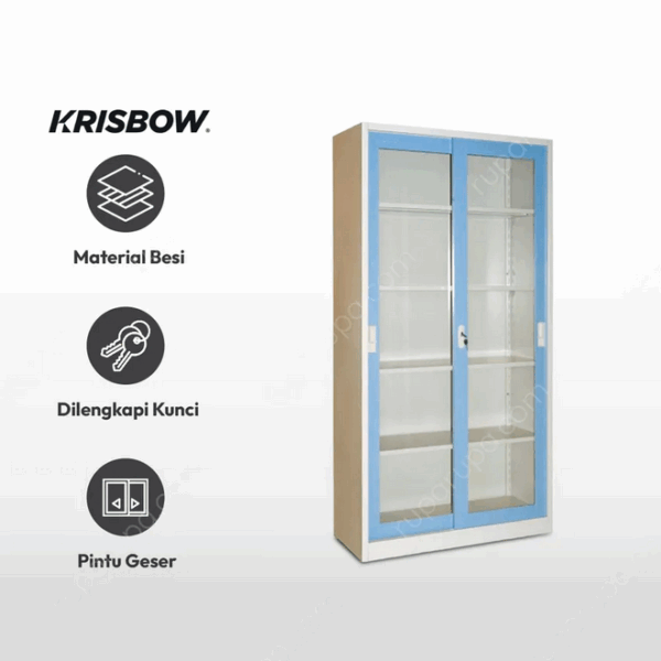 LEMARI ARSIP BESI KANTOR 2 PINTU KACA SLIDING BIRU KRISBOW | RAJARAKGUDANG.ID