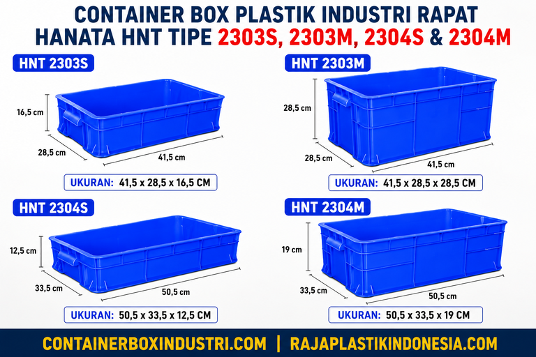 CONTAINER BOX PLASTIK INDUSTRI RAPAT HANATA HNT TIPE 2303S, 2303M, 2304S & 2304M merupakan solusi penyimpanan profesional yang menawarkan kualitas tinggi, daya tahan maksimal, desain higienis, serta kapasitas yang dapat disesuaikan dengan kebutuhan pengguna.