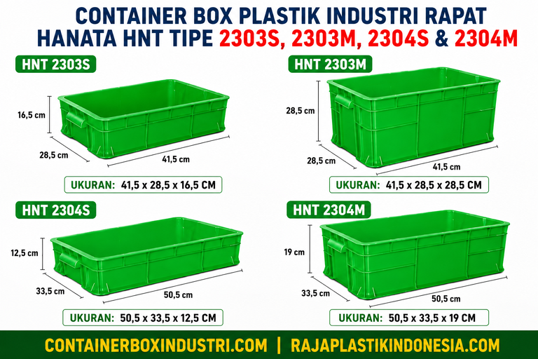 CONTAINER BOX PLASTIK INDUSTRI RAPAT HANATA HNT TIPE 2303S, 2303M, 2304S & 2304M merupakan solusi penyimpanan profesional yang menawarkan kualitas tinggi, daya tahan maksimal, desain higienis, serta kapasitas yang dapat disesuaikan dengan kebutuhan pengguna.