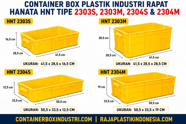 CONTAINER BOX PLASTIK INDUSTRI RAPAT HANATA HNT TIPE 2303S, 2303M, 2304S & 2304M merupakan solusi penyimpanan profesional yang menawarkan kualitas tinggi, daya tahan maksimal, desain higienis, serta kapasitas yang dapat disesuaikan dengan kebutuhan pengguna.