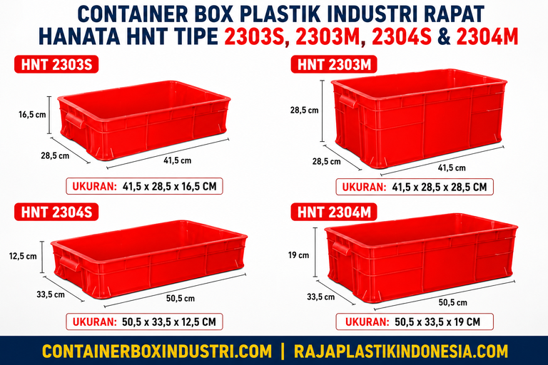 CONTAINER BOX PLASTIK INDUSTRI RAPAT HANATA HNT TIPE 2303S, 2303M, 2304S & 2304M merupakan solusi penyimpanan profesional yang menawarkan kualitas tinggi, daya tahan maksimal, desain higienis, serta kapasitas yang dapat disesuaikan dengan kebutuhan pengguna.