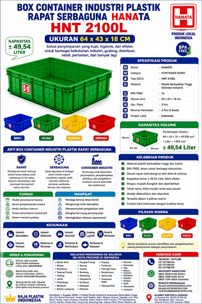 BOX CONTAINER INDUSTRI PLASTIK RAPAT SERBAGUNA HANATA HNT 2100L UKURAN 64x43x18 CM: Solusi Penyimpanan Profesional untuk Industri, Gudang, dan Distribusi