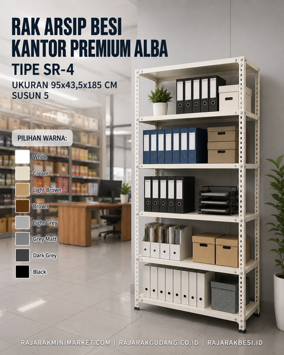 RAK ARSIP BESI KANTOR PREMIUM ALBA TIPE SR-4 SUSUN 5, UKURAN 95x43,5x185 CM | RAJA RAK GUDANG